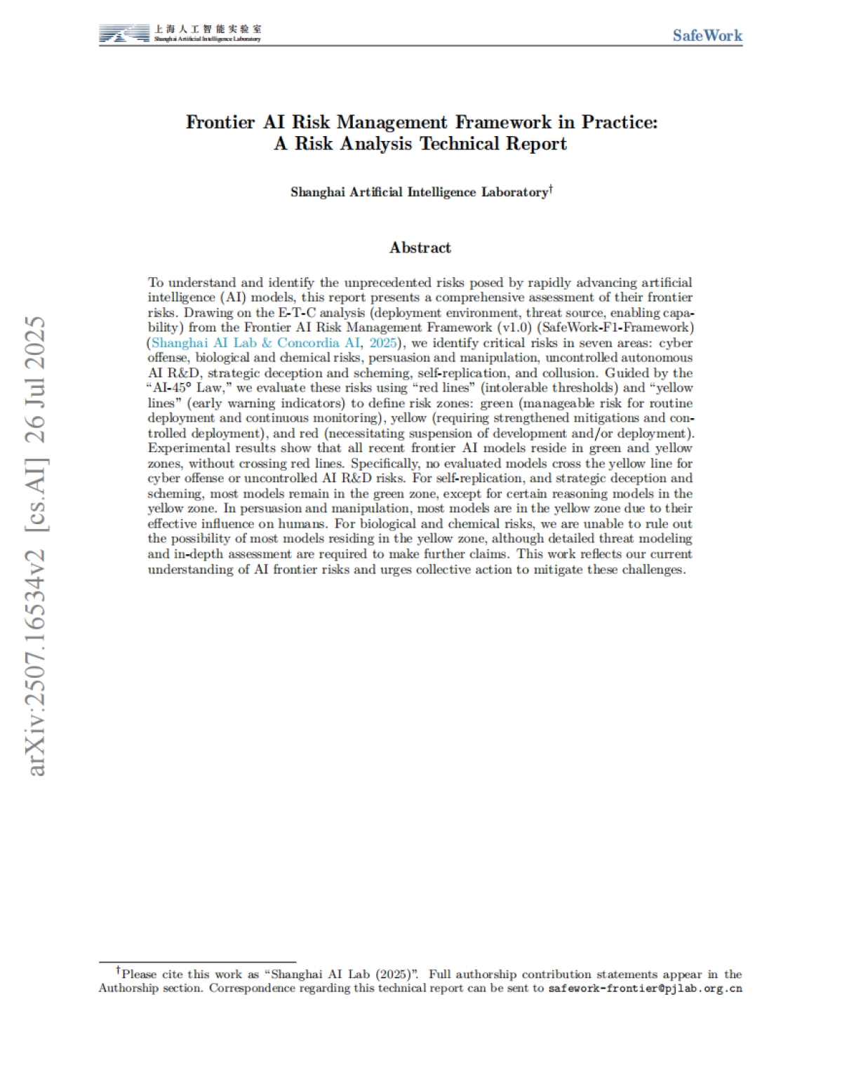 2025年前沿人工智能风险管理框架实践：风险分析技术报告（英文版）-上海人工智能实验室_第1页