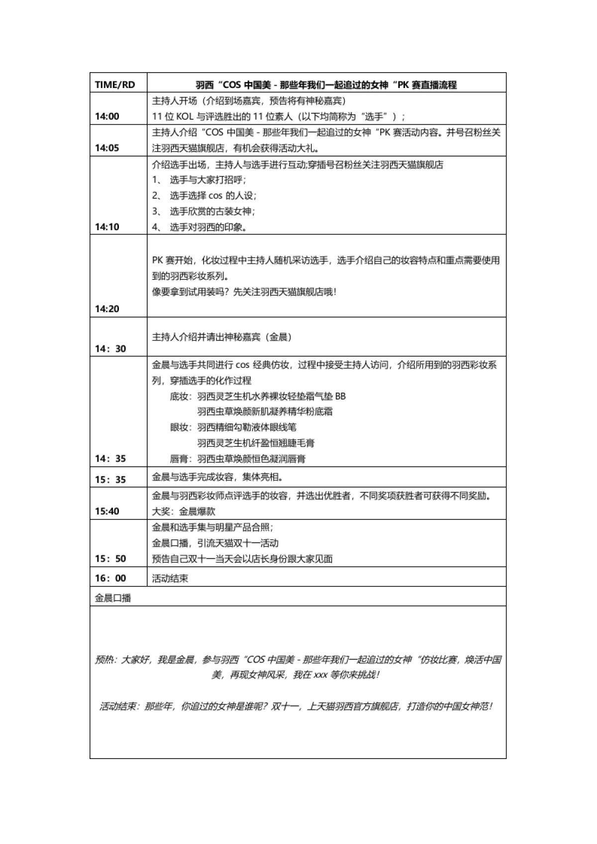 【羽西】双十一预热直播脚本（活动流程）_第1页