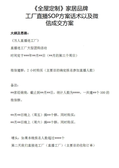 全屋定制家居品牌工厂直播SOP方案话术以及微信成交方案