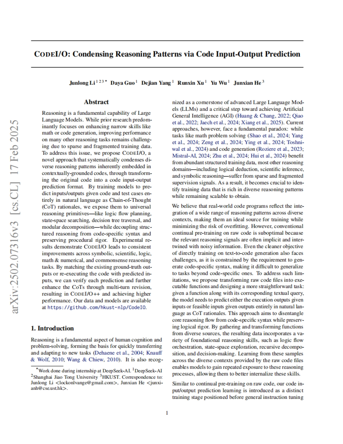 DeepSeek最新论文《CODEIO：通过代码输入输出预测凝练推理模式》（英文）_第1页