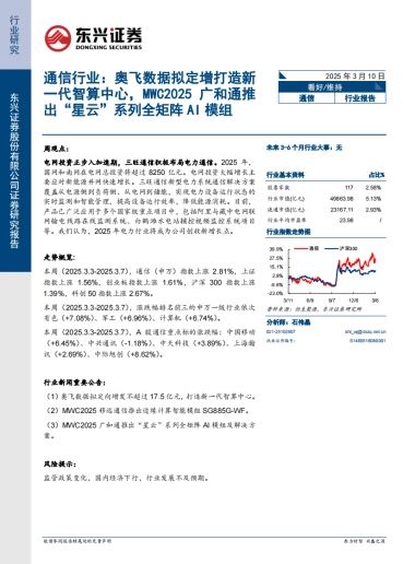 【东兴证券】通信行业：奥飞数据拟定增打造新一代智算中心，MWC2025广和通推出“星云”系列全矩阵AI模组