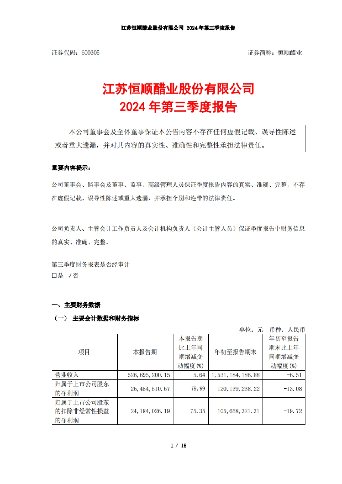 江苏恒顺醋业股份有限公司2024年三季度报告_第1页