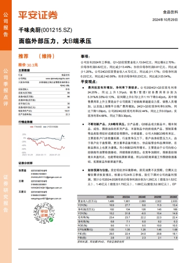 千味央厨（001215）：面临外部压力，大B端承压