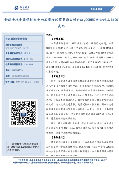 特朗普汽车关税标志美与其盟友的贸易战大幅升级，COMEX黄金站上3100美元