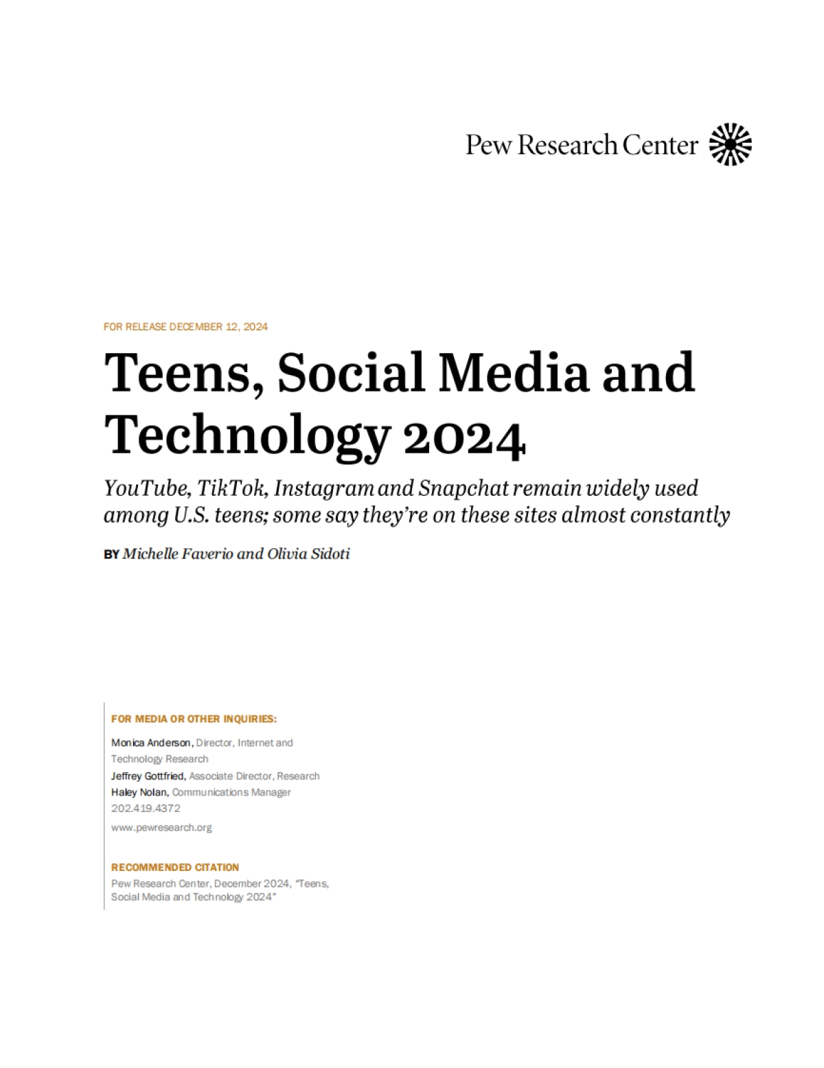 2024年青少年、社交媒体和科技报告_第1页