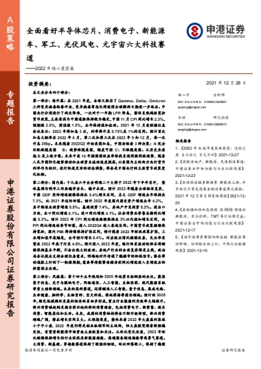 2022年核心展望篇：全面看好半导体芯片、消费电子、新能源车、军工、光伏风电、元宇宙六大科技赛道-申港证券