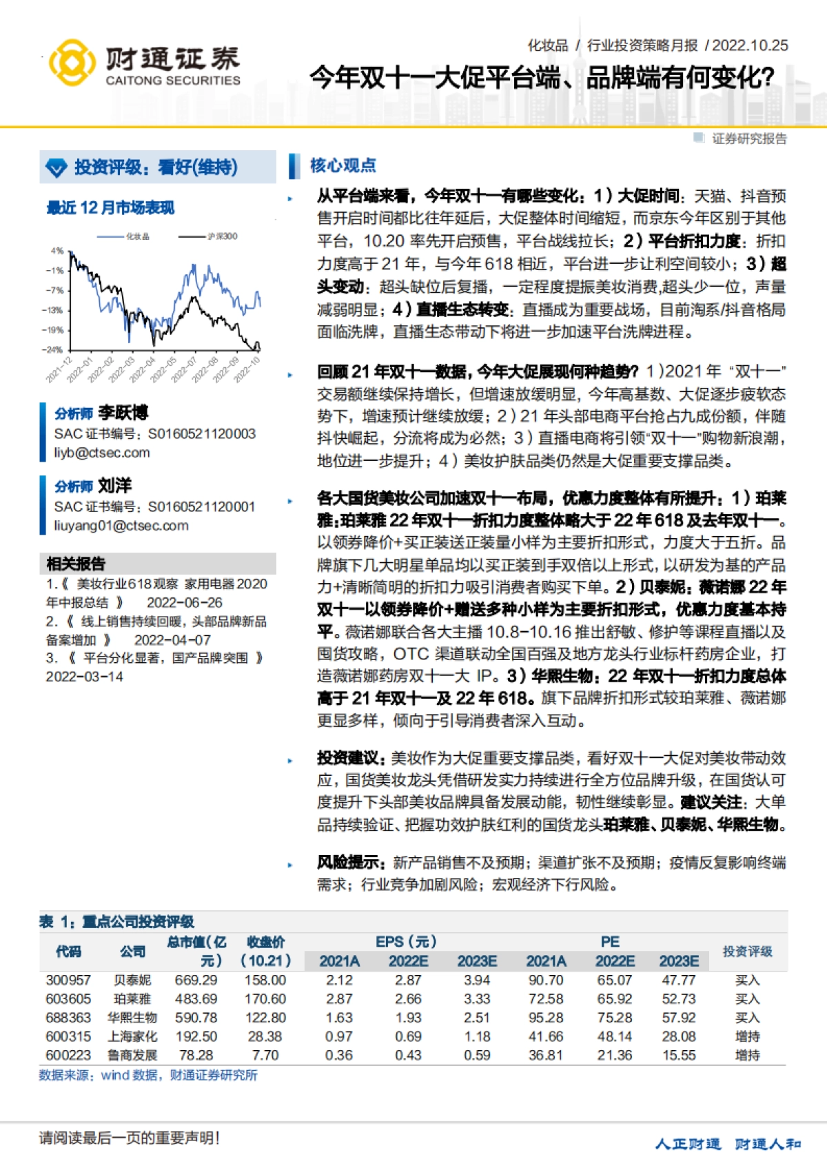 化妆品行业：今年双十一大促平台端、品牌端有何变化？-财通证券_第1页