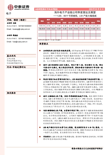海外电子产业链公司季度营运及展望——LGD：4Q19亏损继续，LCD产能大幅缩减
