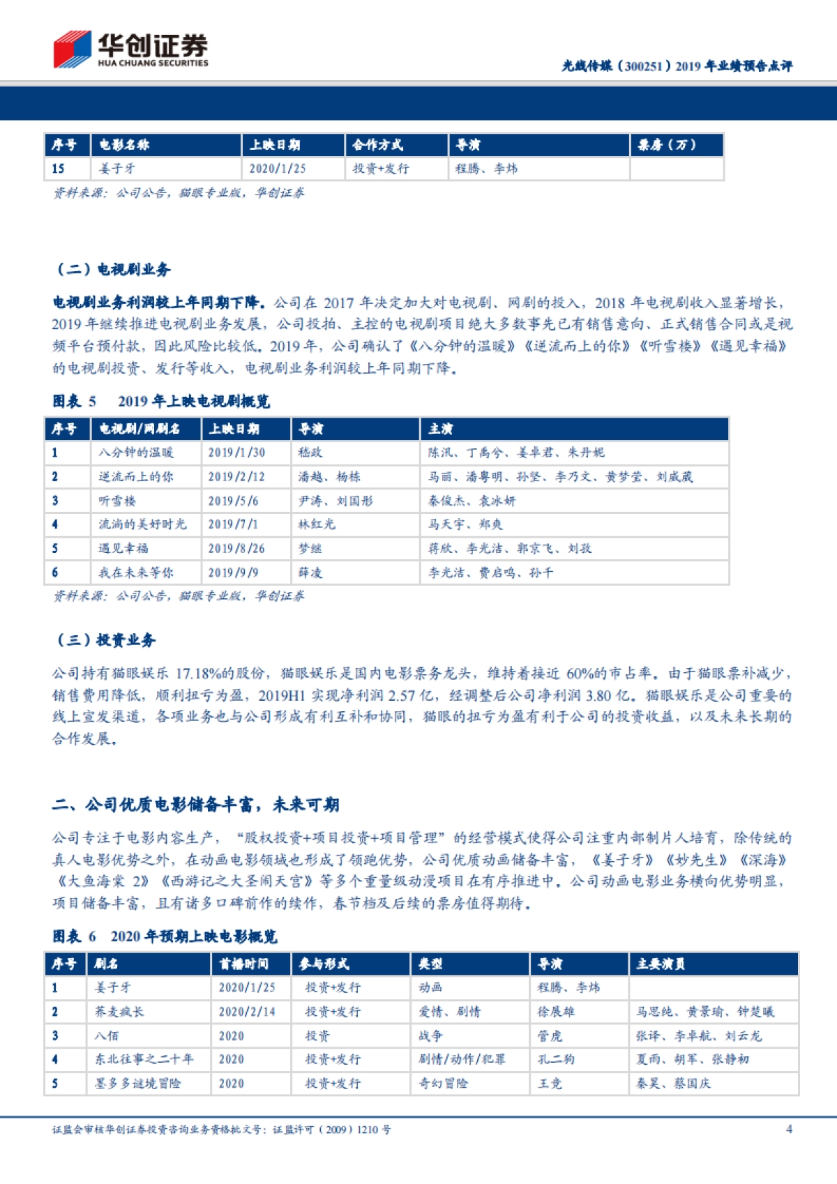 光线传媒(300251)2019 年业绩预告点评 推荐(维持)19 年参与总票房高达 138.67 亿,20 年春节档打造动漫宇宙值得期待_第4页