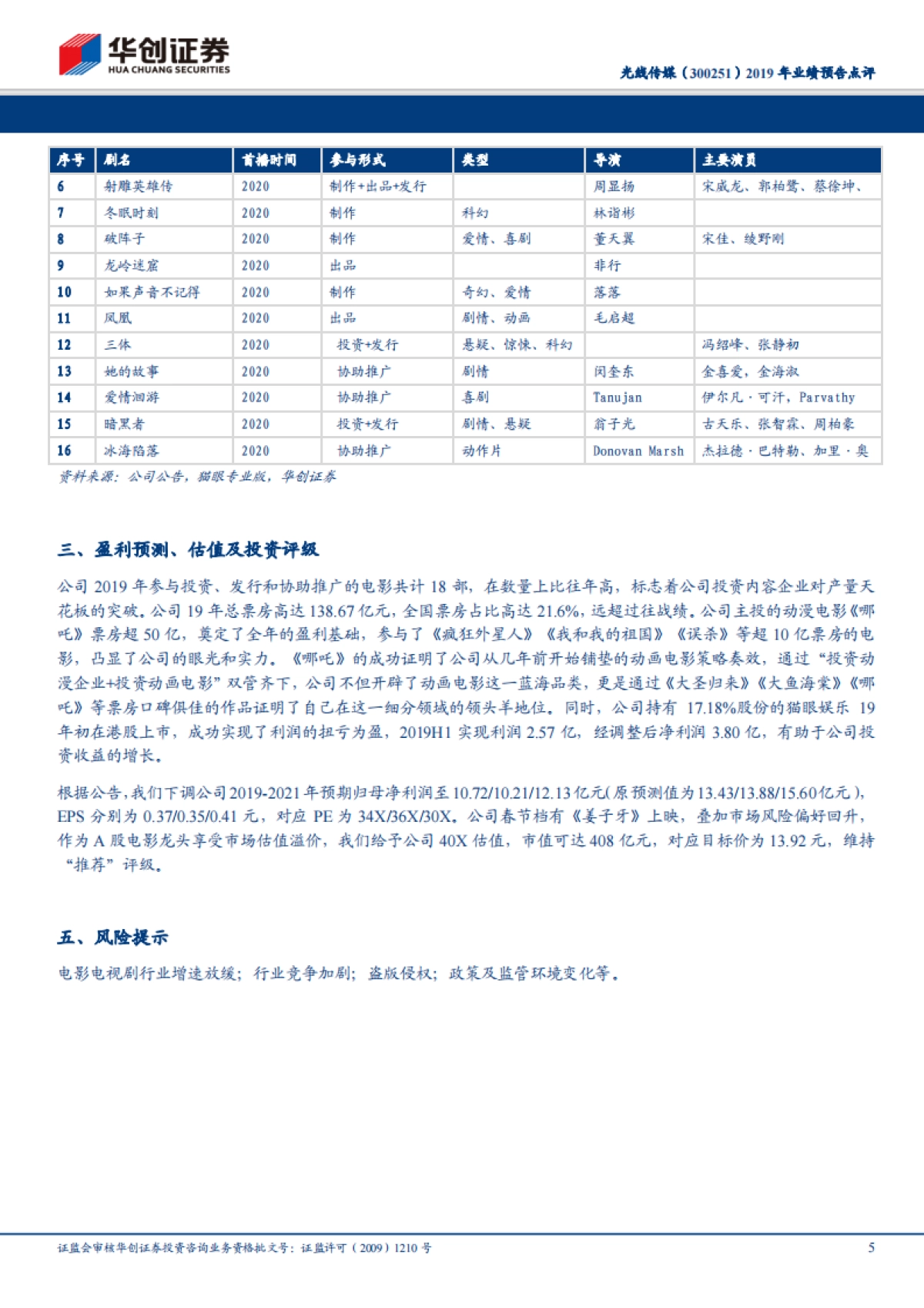 光线传媒(300251)2019 年业绩预告点评 推荐(维持)19 年参与总票房高达 138.67 亿,20 年春节档打造动漫宇宙值得期待_第5页
