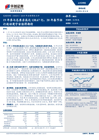 光线传媒（300251）2019 年业绩预告点评 推荐（维持）19 年参与总票房高达 138.67 亿，20 年春节档打造动漫宇宙值得期待