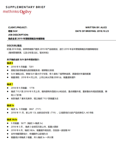 奇瑞SUV瑞虎全系2019年营销策略及传播策略规划brief