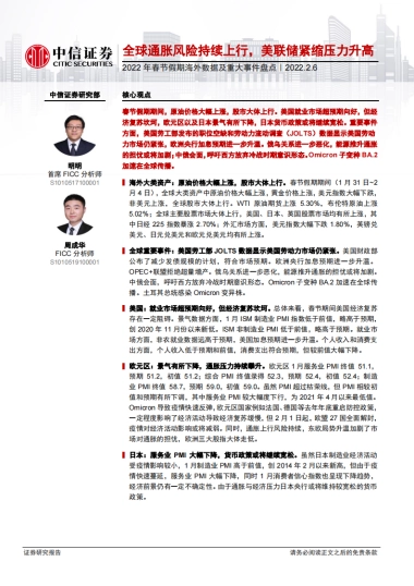 2022年春节假期海外数据及重大事件盘点：全球通胀风险持续上行，美联储紧缩压力升高