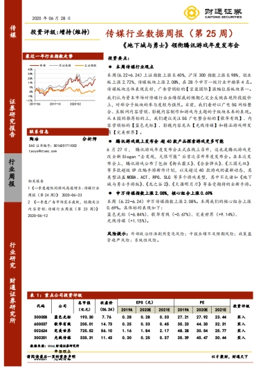 传媒行业数据周报（第25周）：《地下城与勇士》领衔腾讯游戏年度发布会