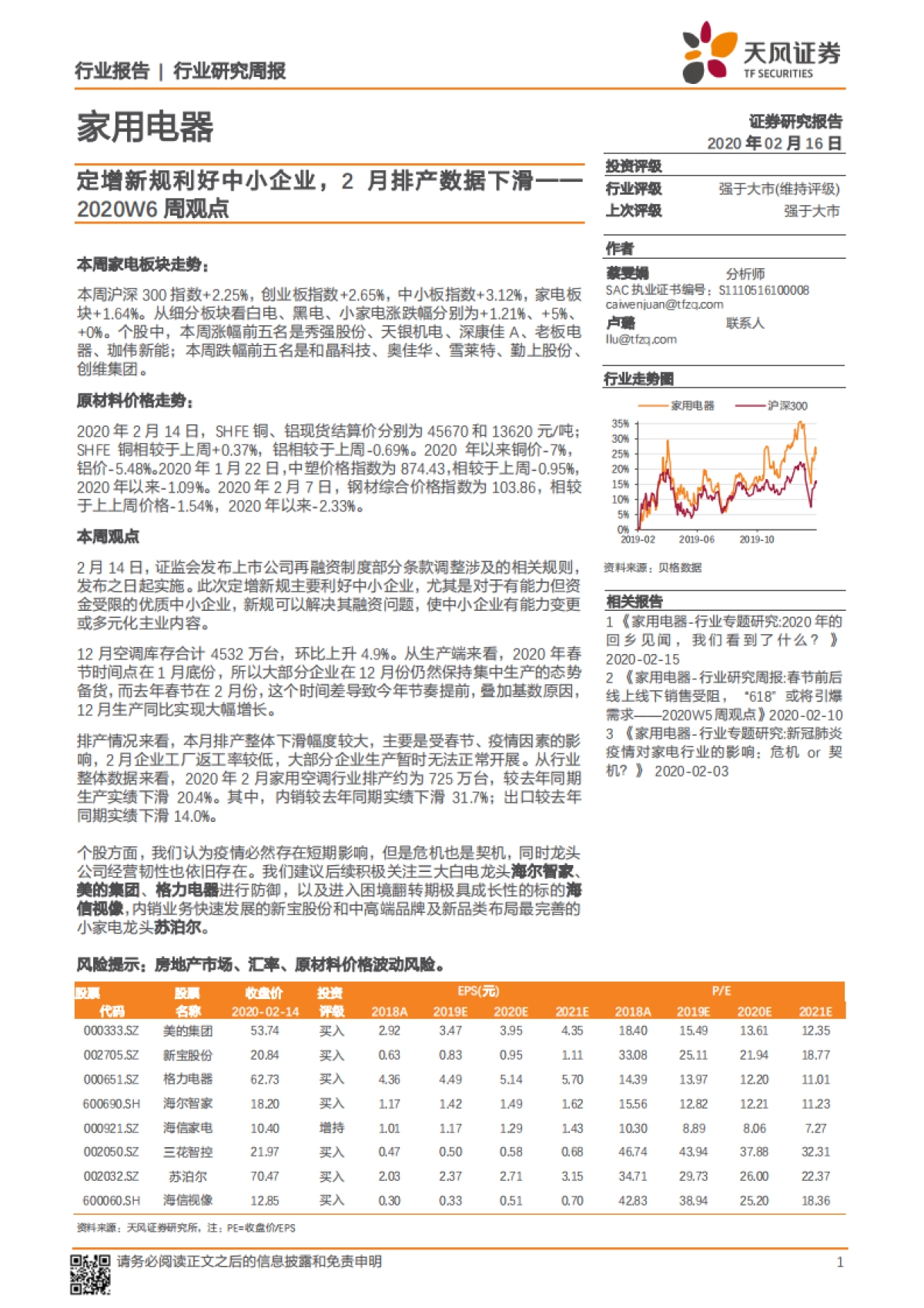家用电器2020W6周观点:定增新规利好中小企业,2月排产数据下滑_第1页