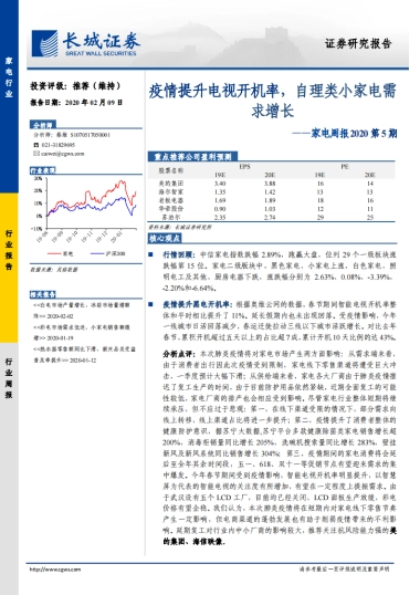 家电周报2020第5期：疫情提升电视开机率，自理类小家电需求增长