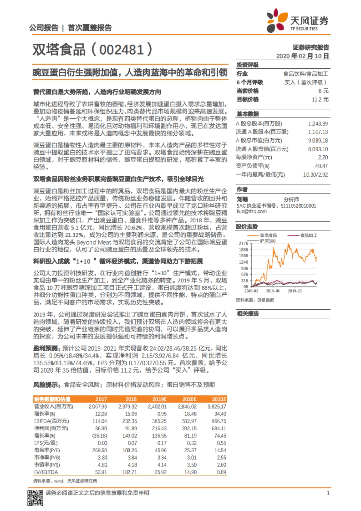 双塔食品公司深度报告-人造肉-豌豆蛋白衍生强附加值，人造肉蓝海中的革命和引领_第1页