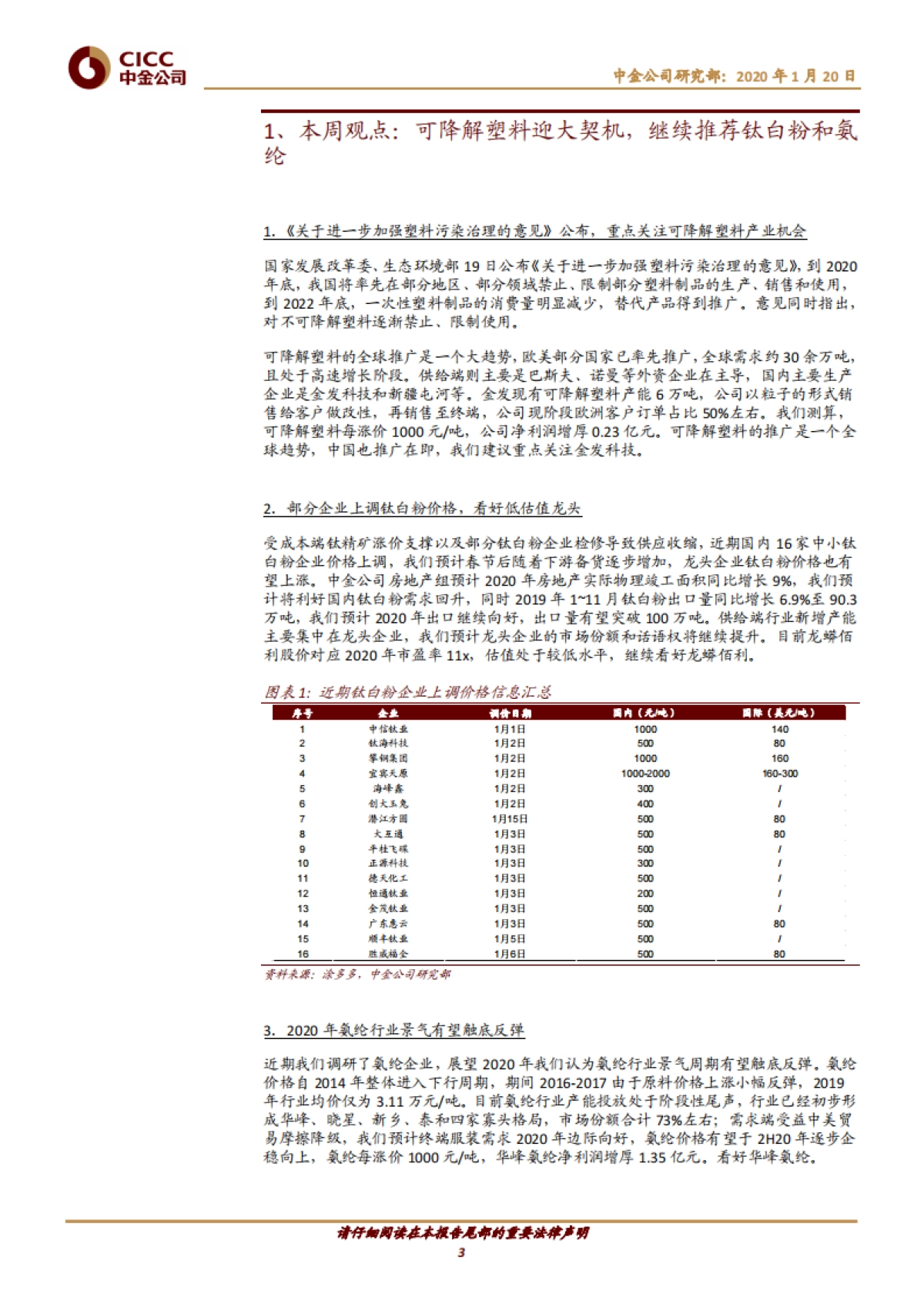 化工行业:可降解塑料迎重要契机,继续推荐钛白粉和氨纶行业机会--中金公司_第3页