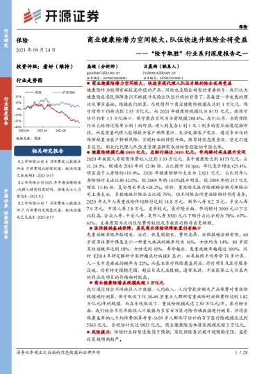 保险行业研究：商业健康险潜力空间较大，队伍快速升级险企将受益