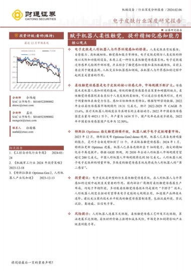 电子皮肤行业深度研究报告：赋予机器人柔性触觉，提升精细化感知能力-财通证券-24页