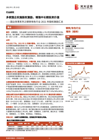 国企改革系列之钢铁有色行业2021年股权激励汇总-光大证券-15页
