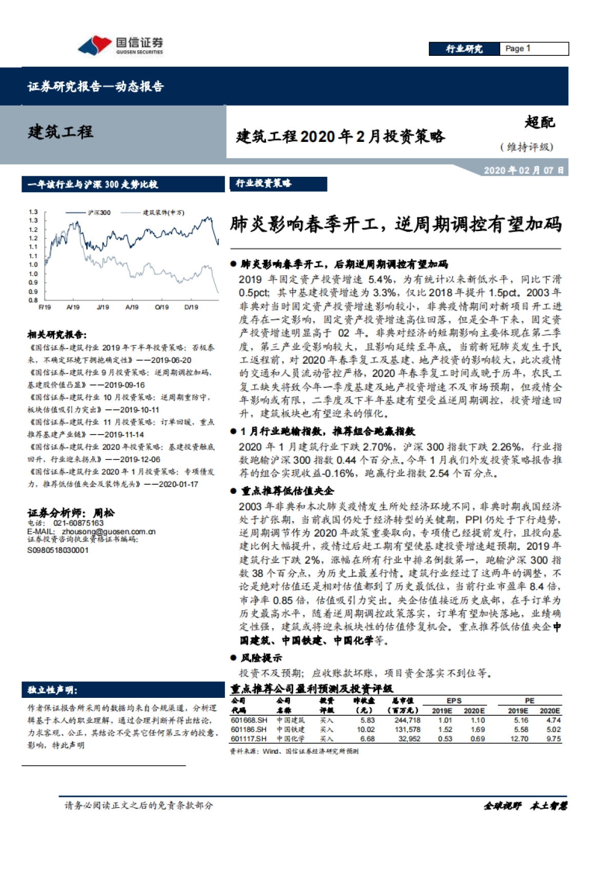 建筑工程2020年2月投资策略：肺炎影响春季开工，逆周期调控有望加码_第1页