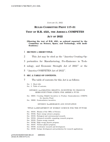 2022年美国竞争法：确保美国领导地位（英）-众议院