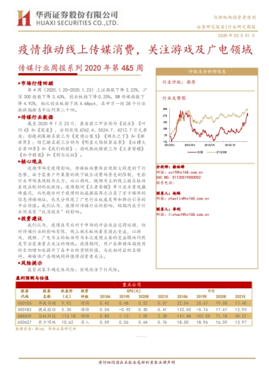 传媒行业周报系列2020年第4&5周：疫情推动线上传媒消费，关注游戏及广电领域