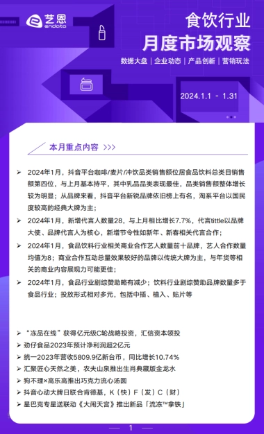 艺恩：2024年1月食饮行业月度市场观察报告