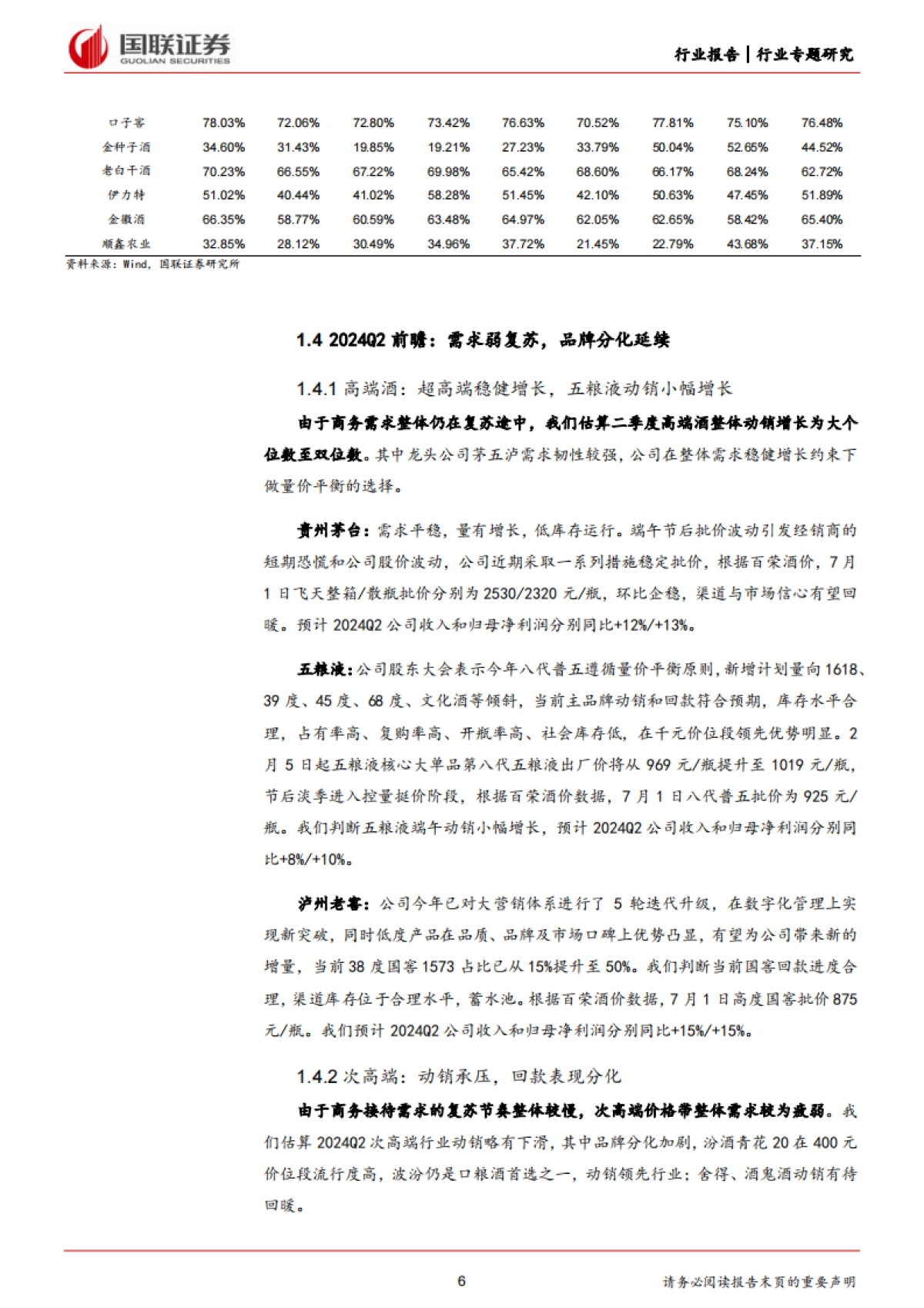 国联证券：食品饮料行业专题研究-2024Q2酒类前瞻-白酒分化延续-啤酒升级节奏放缓_第6页