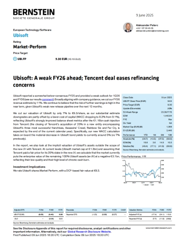 【Bernstein】育碧（UBI）：育碧：2026财年前景疲软；腾讯交易缓解再融资担忧