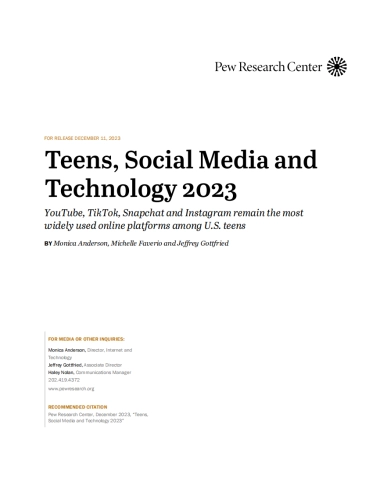 皮尤研究中心：2023年青少年、社交媒体和技术调查报告（英文）