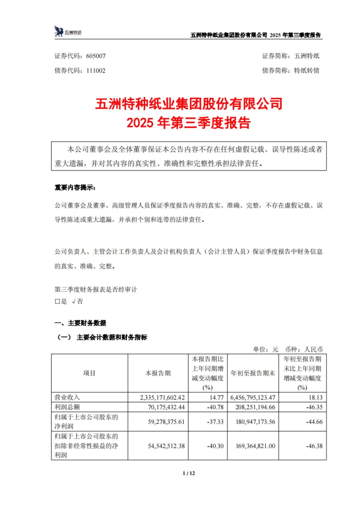 【上交所】五洲特种纸业集团股份有限公司2025年第三季度报告.pdf_第1页