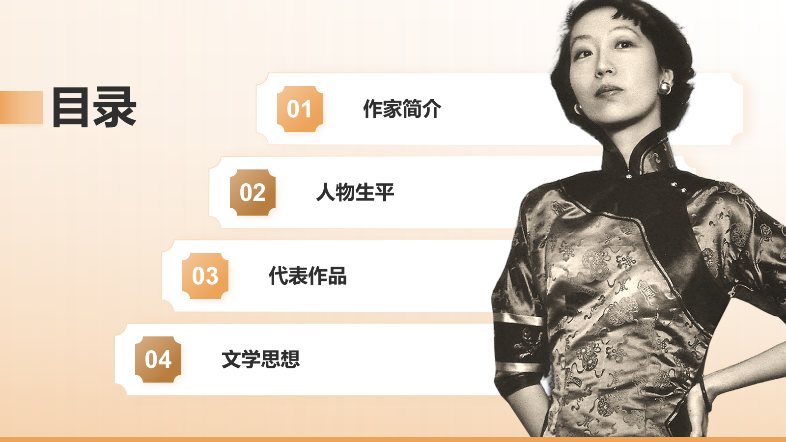 橙色复古风人物介绍——张爱玲PPT模板.pptx_第2页