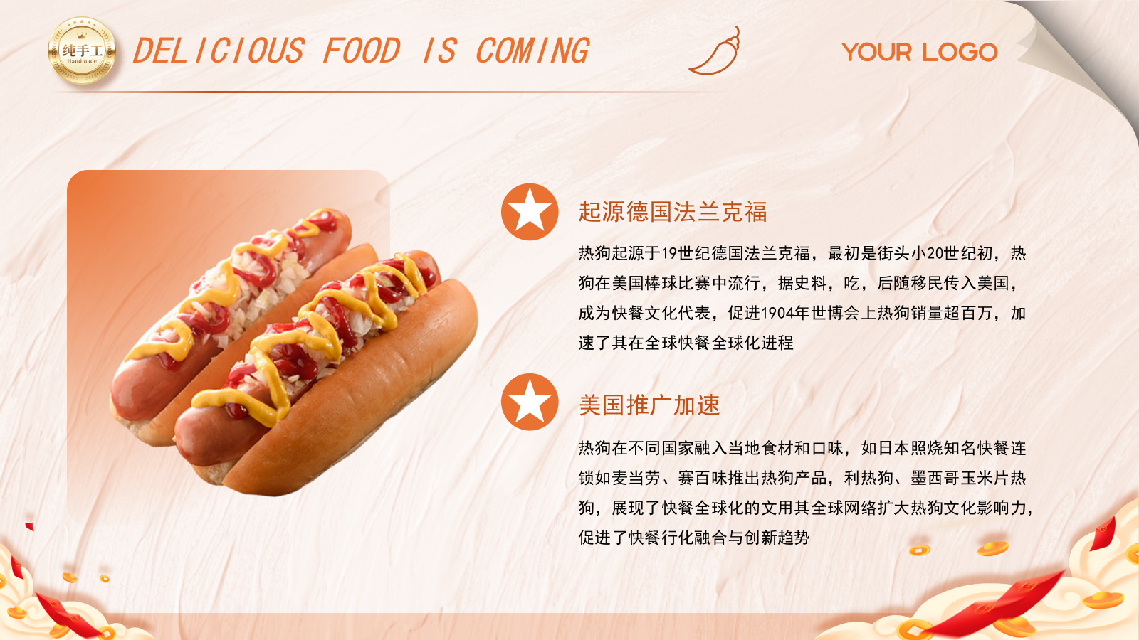 橙色商务风热狗美食介绍ppt模板.pptx_第4页