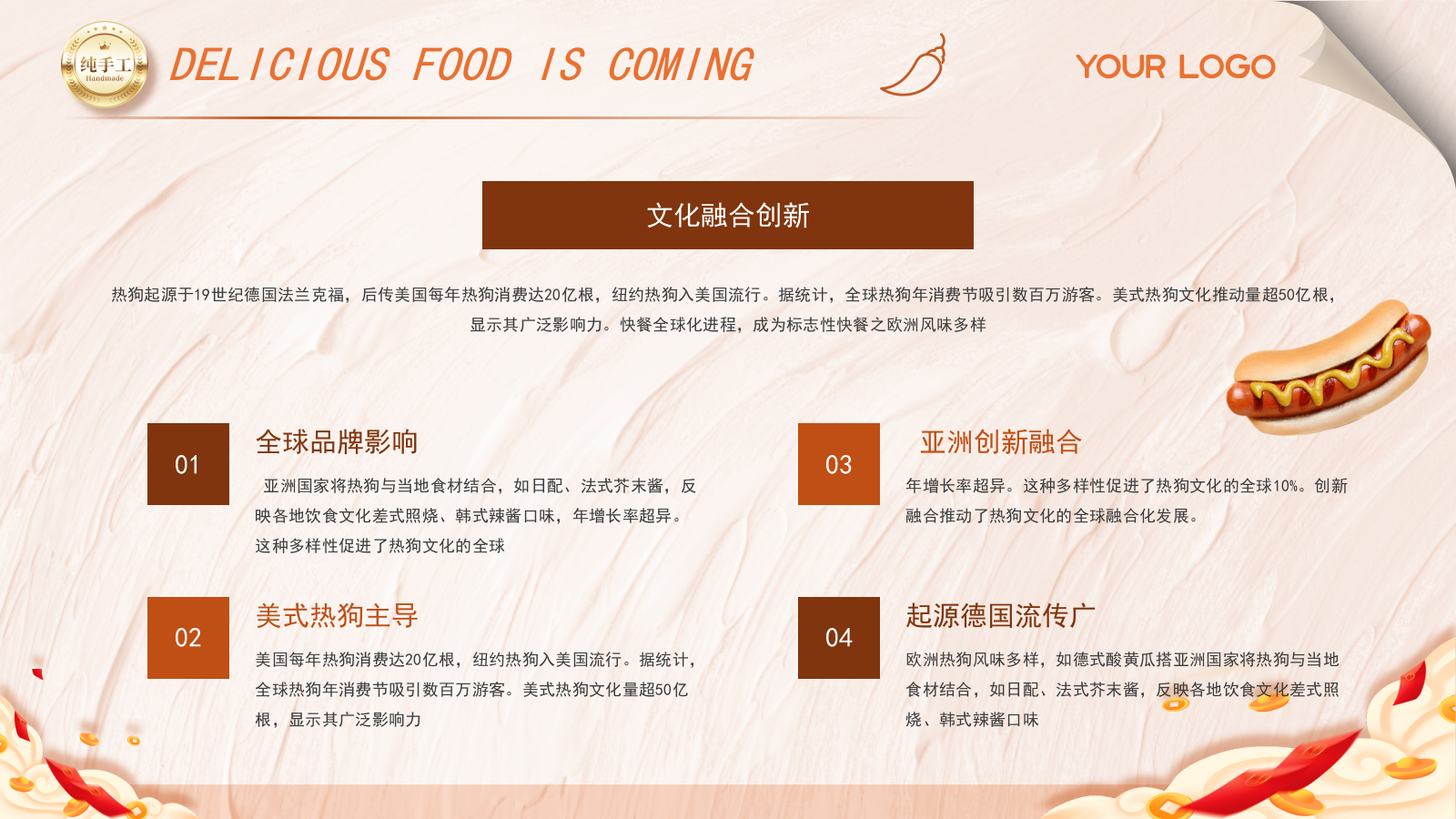 橙色商务风热狗美食介绍ppt模板.pptx_第5页