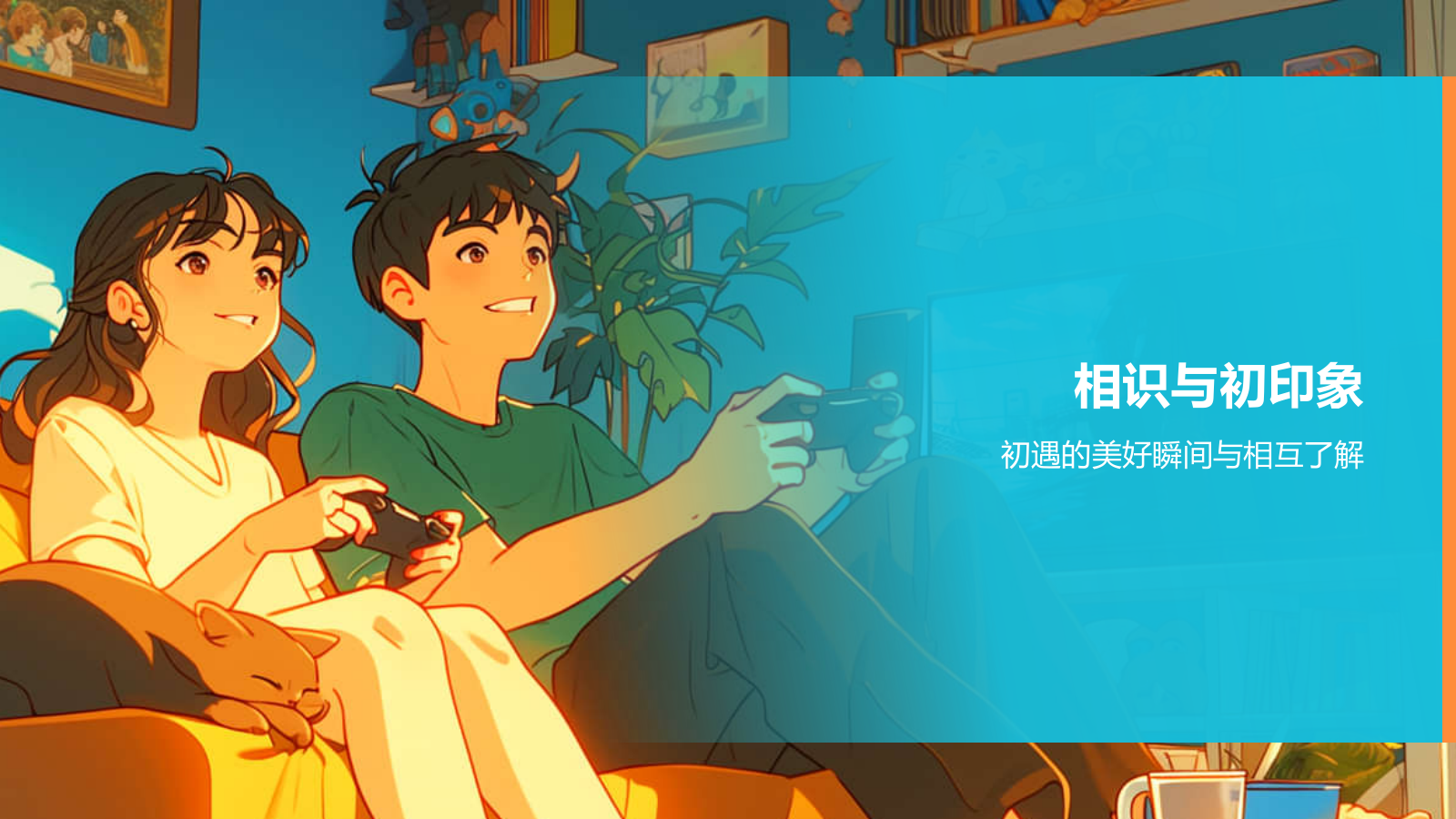 蓝色插画风情侣相恋过程PPT模板.pptx_第3页