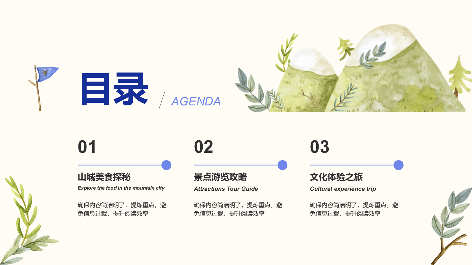 蓝色插画风山城旅游体验攻略PPT模板.pptx_第2页
