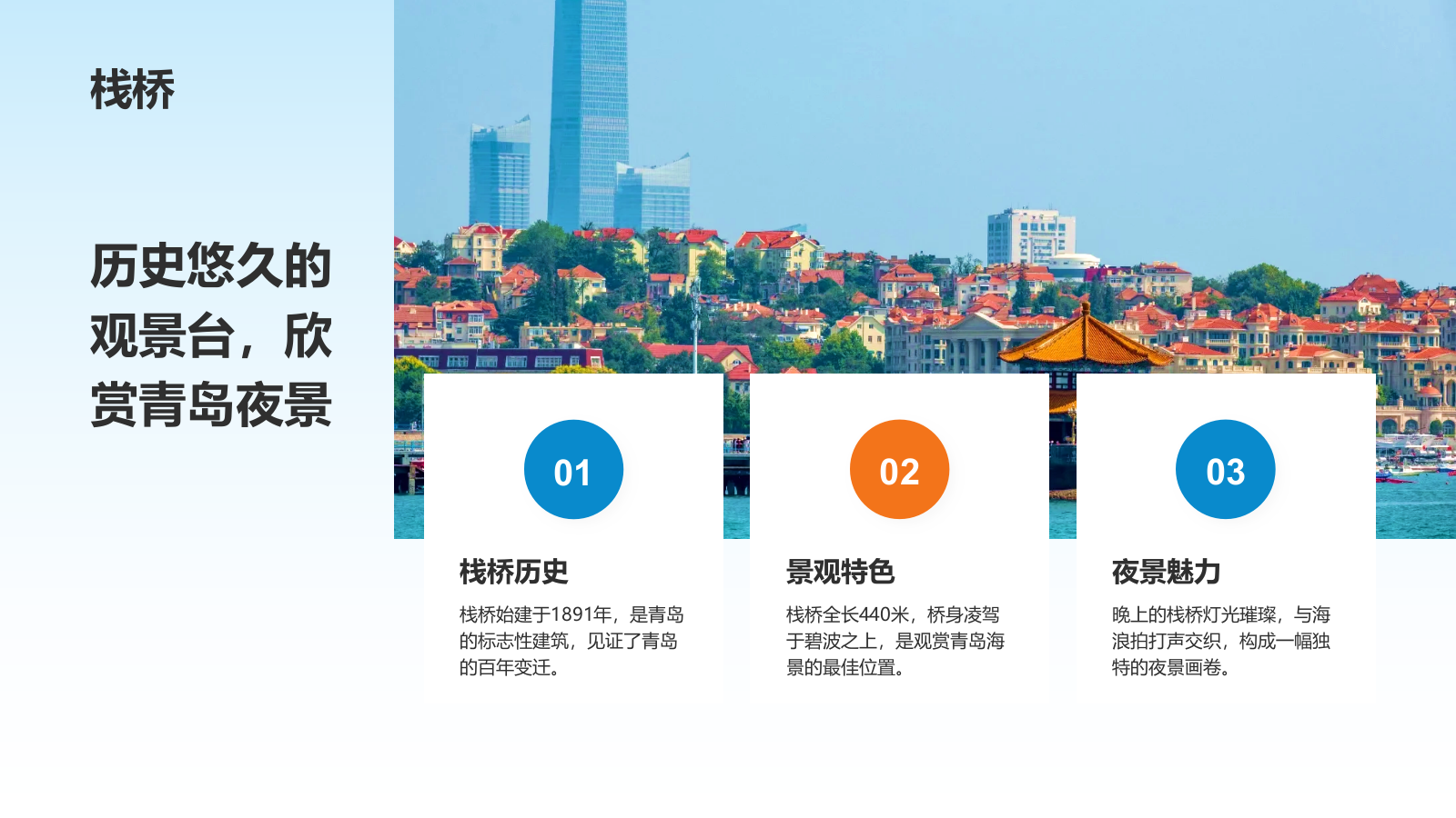蓝色摄影风青岛海滨城旅游攻略PPT模板.pptx_第6页