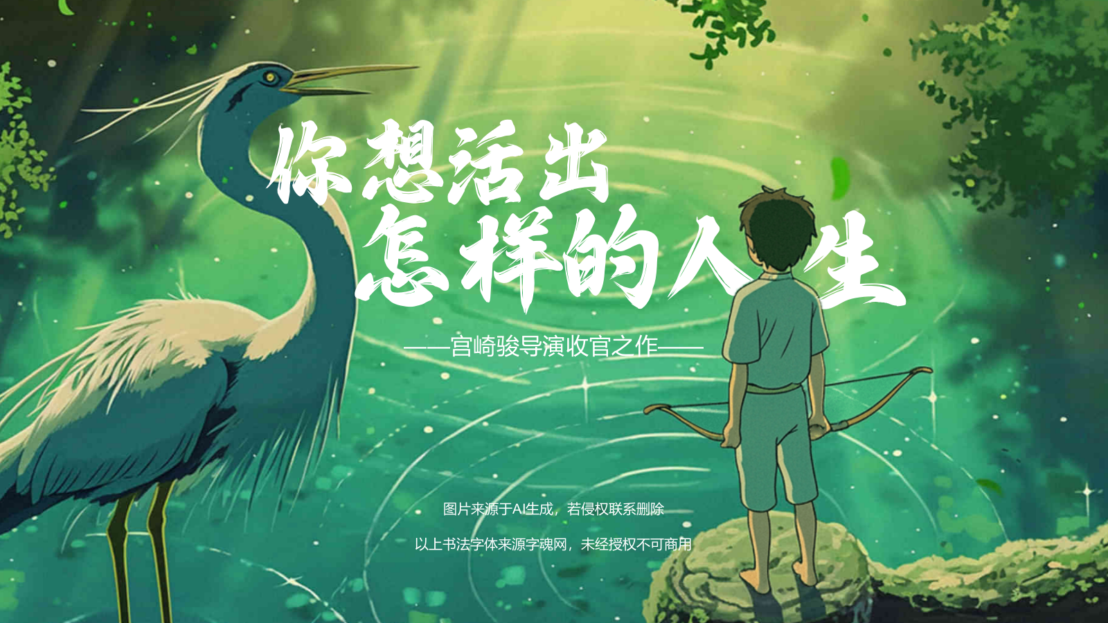 绿色手绘风宫崎骏《你想活出怎样的人生》电影介绍PPT模板.pptx