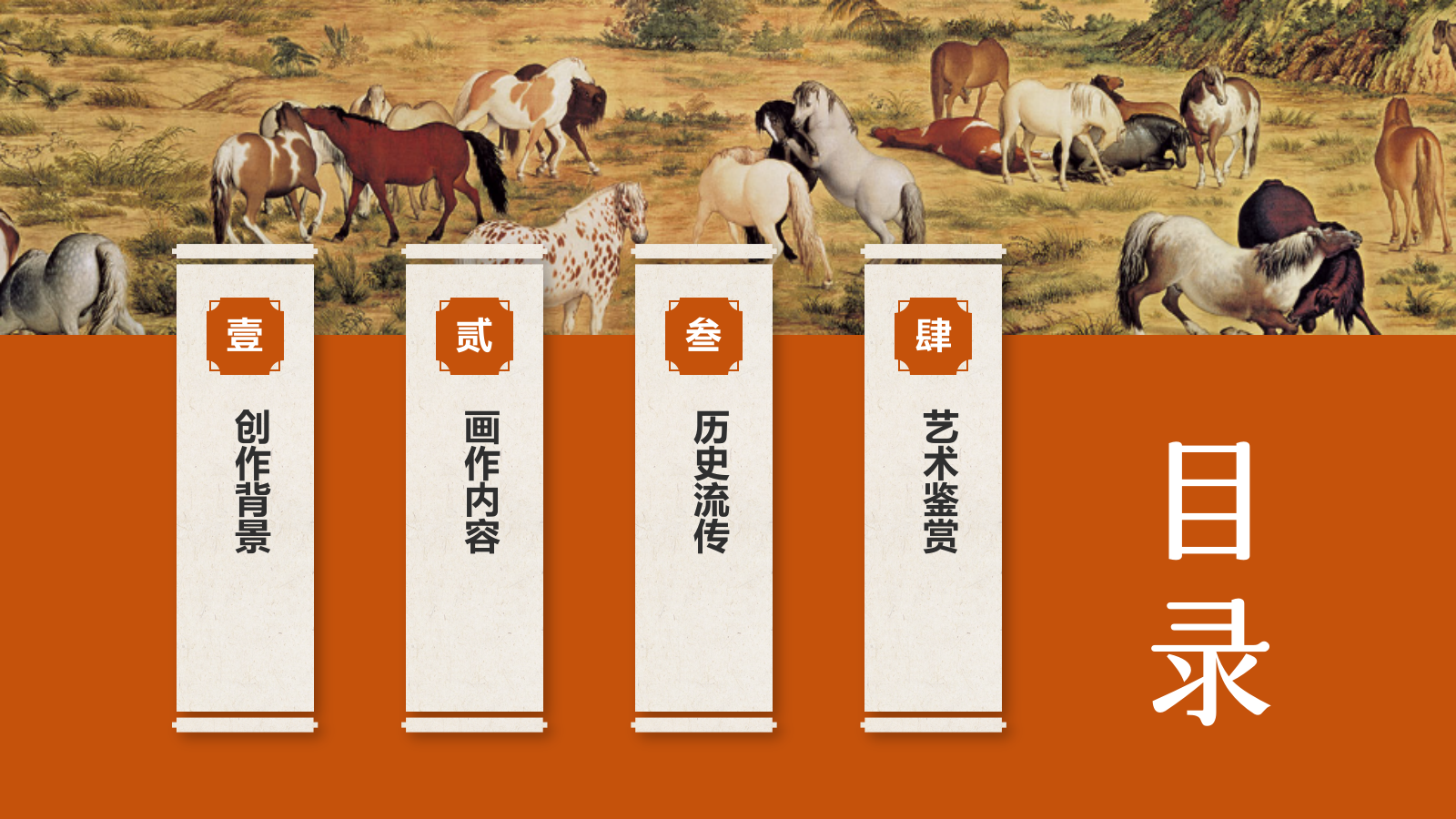 橙色复古风中国十大传世名画——百骏图PPT模板.pptx_第2页