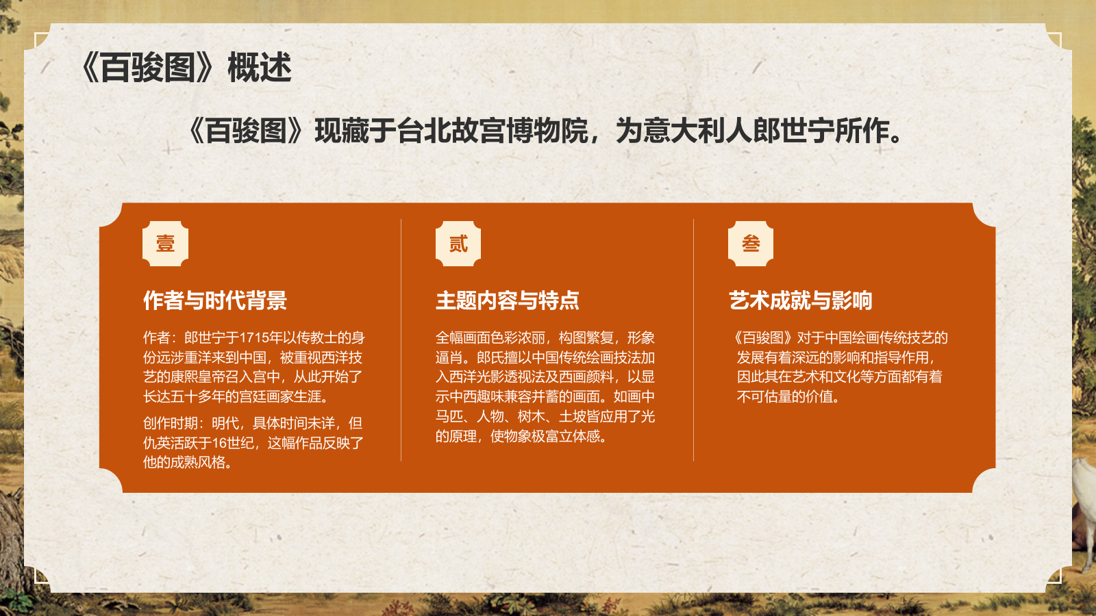 橙色复古风中国十大传世名画——百骏图PPT模板.pptx_第4页