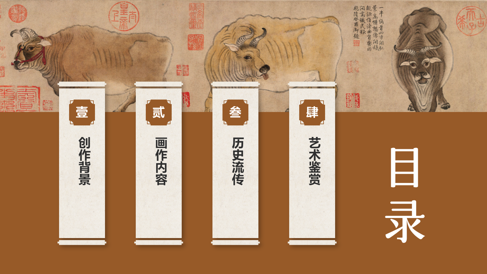 橙色复古风中国十大传世名画——五牛图PPT模板.pptx_第2页