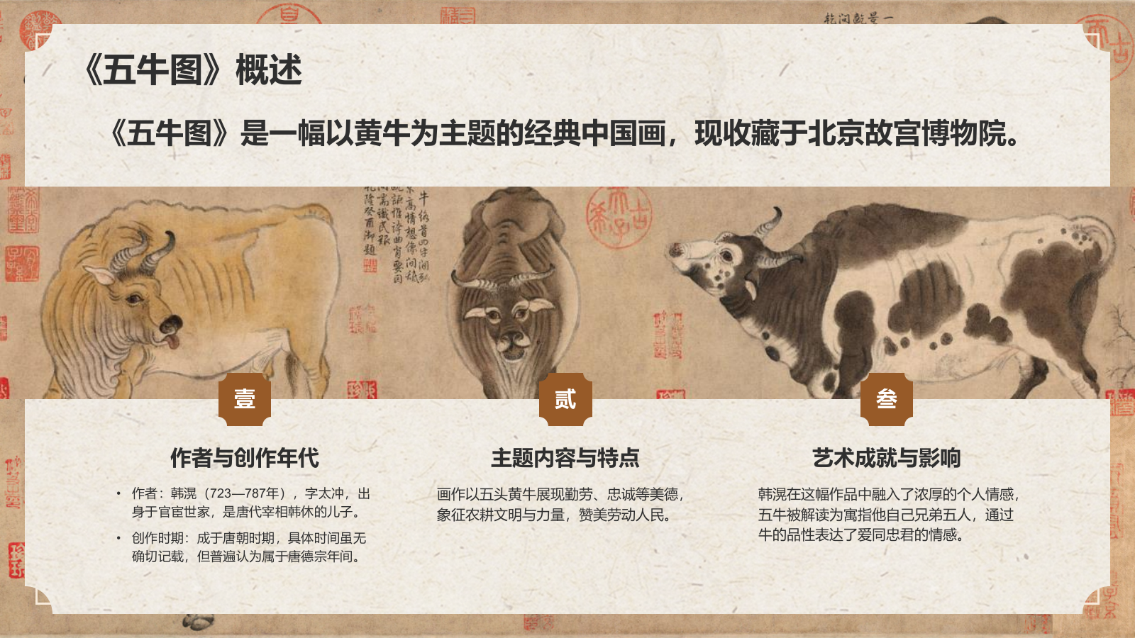 橙色复古风中国十大传世名画——五牛图PPT模板.pptx_第4页