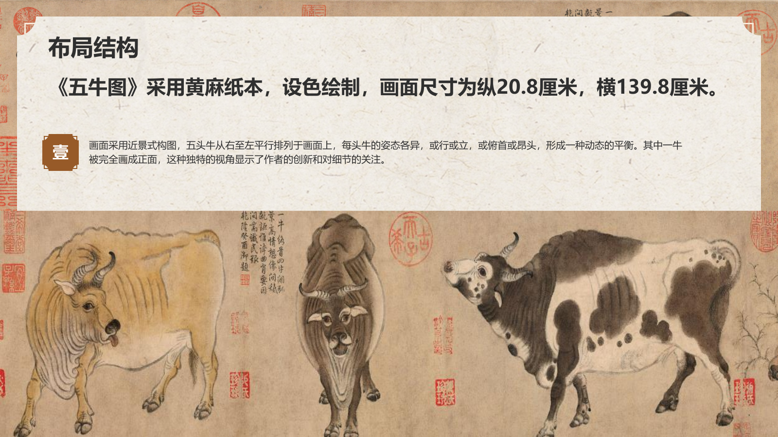 橙色复古风中国十大传世名画——五牛图PPT模板.pptx_第8页
