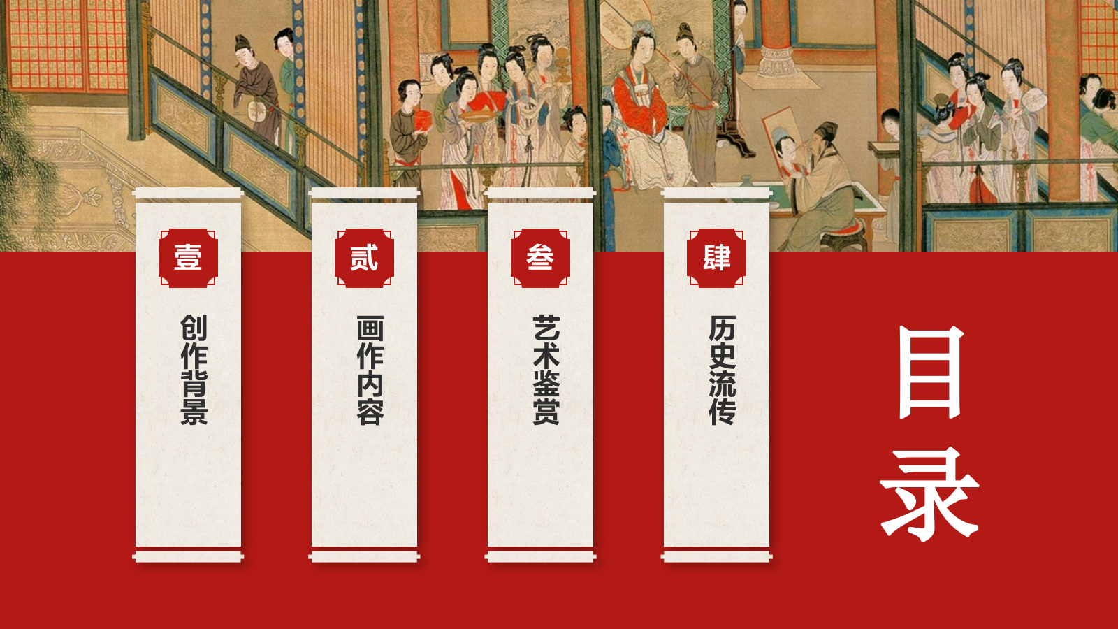 红色复古风中国十大传世名画——汉宫春晓图PPT模板.pptx_第2页