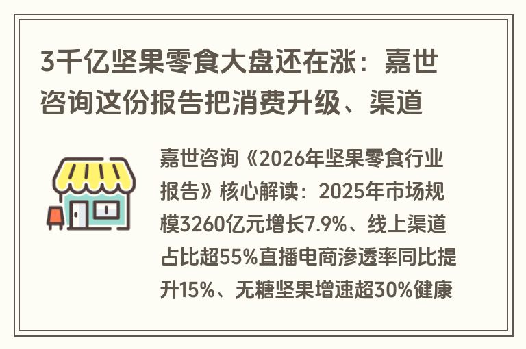 3千亿坚果零食大盘还在涨：嘉世咨询这份报告把消费升级、渠道下沉和供应链国产化说透了（附报告下载）