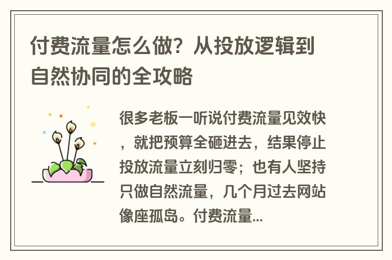 付费流量怎么做？从投放逻辑到自然协同的全攻略