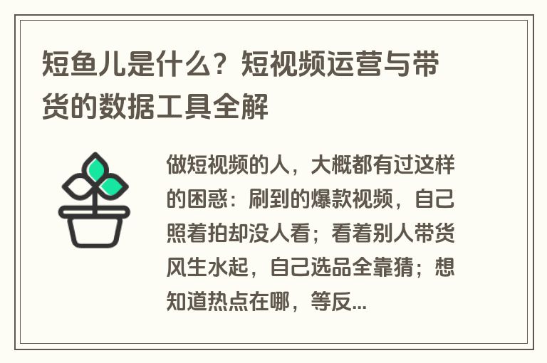 短鱼儿是什么?短视频运营与带货的数据工具全解 短鱼儿是什么?短视频运营与带货的数据工具全解