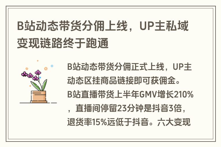 B站动态带货分佣上线，UP主私域变现链路终于跑通